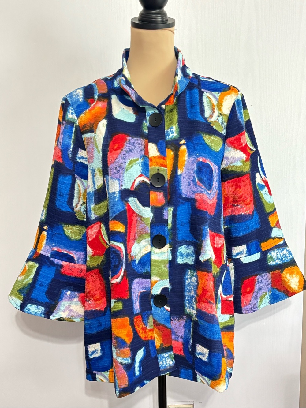 Ali Miles Tunic Women Medium Blue Button Front Lagenlook Geometric Art To Wear